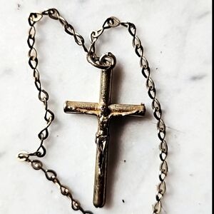 FINAL 2 Chains Antique Gold Unmarked 1pce Necklace Embossed Hanging Jesus